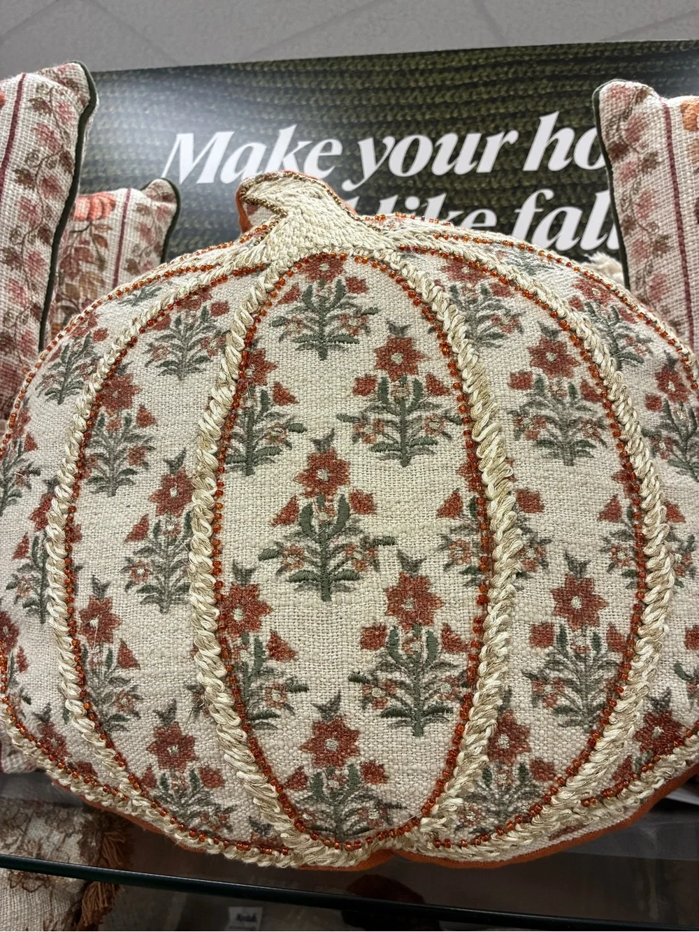 Rachel Ashwell Decorative Cream and Rust Floral Pumpkin Pillow - Home Holiday